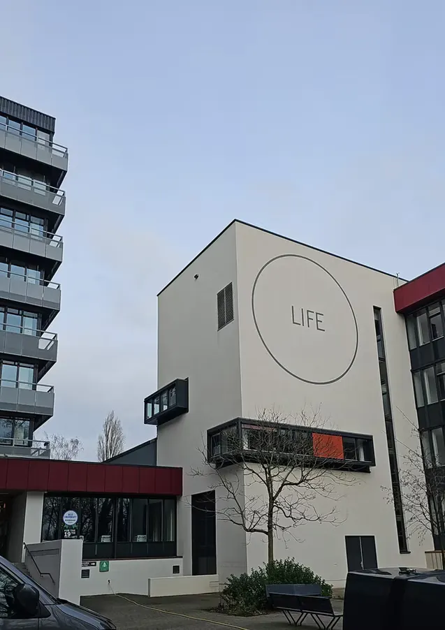Dezelfde kopgevel van het universiteitsgebouw weer egaal wit na de SoftWash behandeling